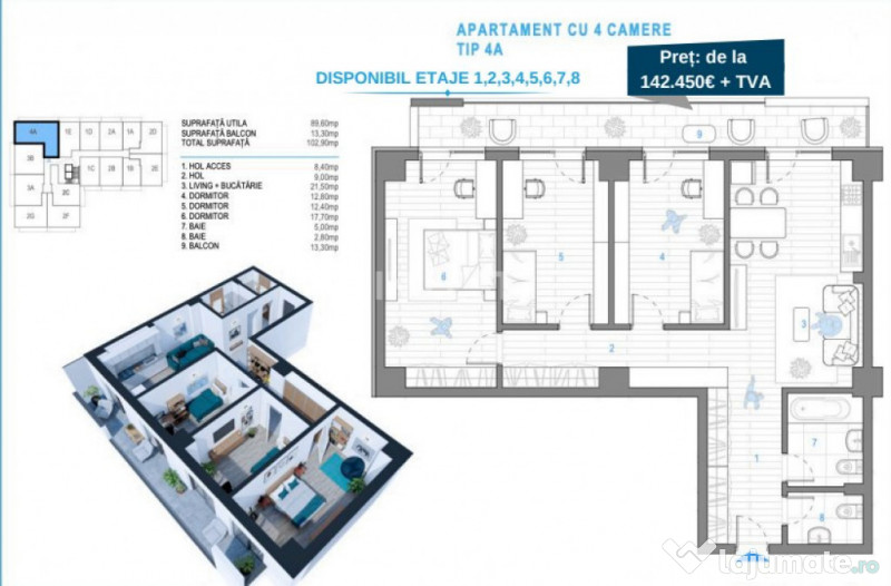 APARTAMENT 4 CAMERE, 103 MP, ETAJ INTERMEDIAR, NICOLINA, COM 