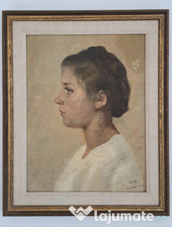 Tablou semnat datat Bucarest 1907- Portret de fată ulei pe carton 