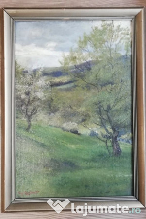 Peisaj anii 1900 pictor austriac Hugo Charlemont-ulei pe carton 