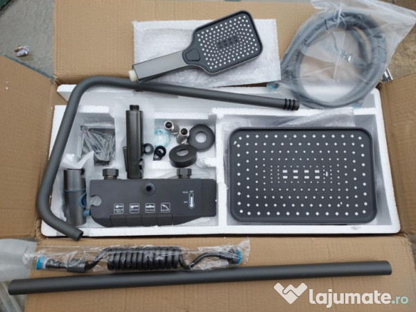 Set duș termostatic complet, gri, design modern pătrat, Piano Key