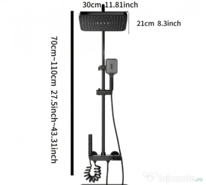 Set duș termostatic complet, gri, design modern pătrat, Piano Key 