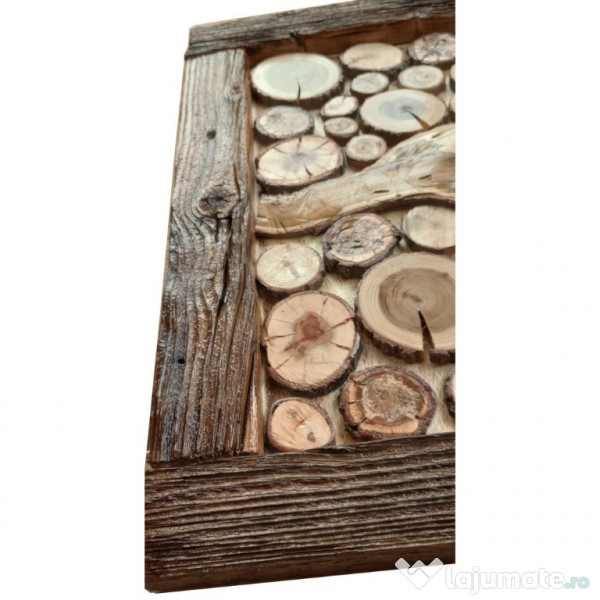 Tablou rustic hand-made din rondele de lemn, rama arsa, lacuita