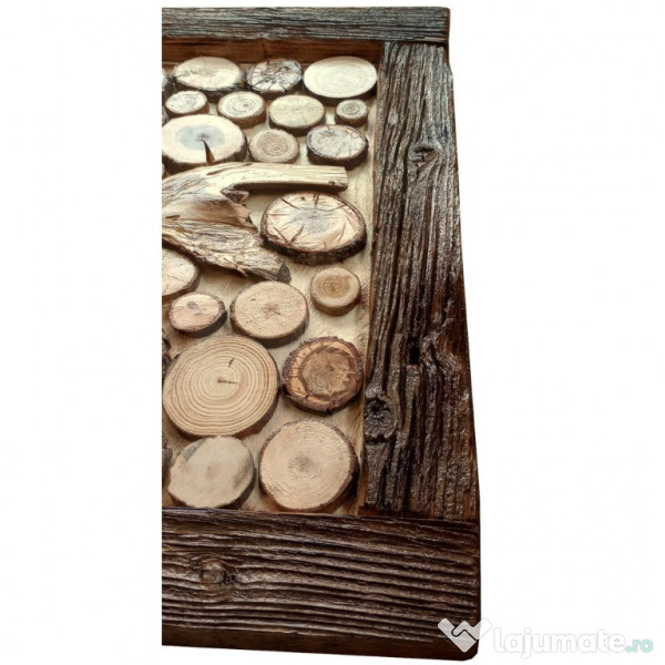 Tablou rustic hand-made din rondele de lemn, rama arsa, lacuita