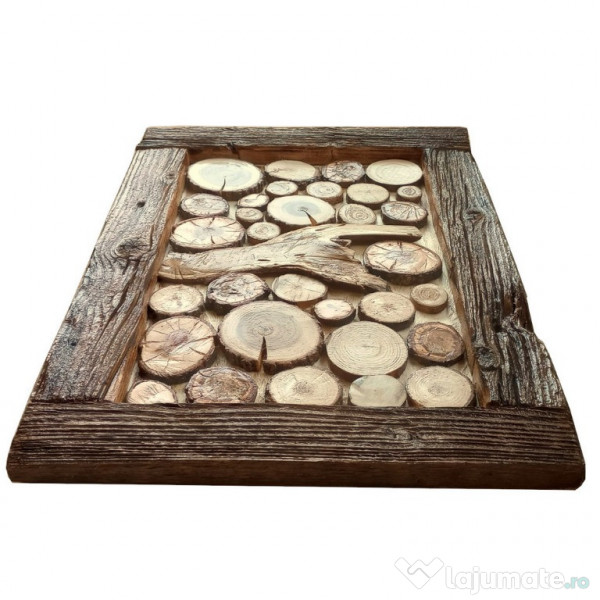 Tablou rustic hand-made din rondele de lemn, rama arsa, lacuita