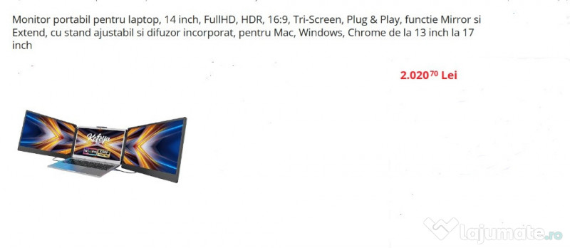 Monitor portabil, 14 inch, FullHD, HDR, 16:9, Tri-Screen, Plug & Play 