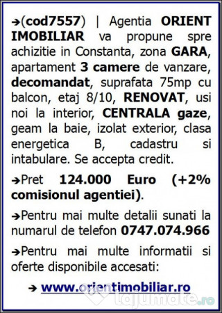 Gara, decomandat, 3 camere, renovat, gaze, vanzari Constanta 