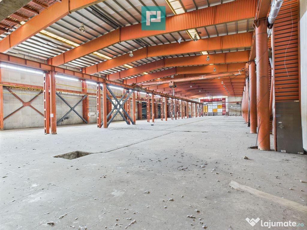 Hală industrială cu pod rulant și parcare betonată 