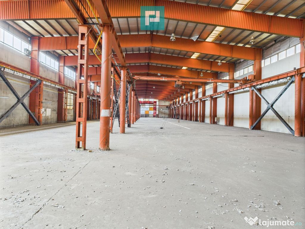 Hală industrială cu pod rulant și parcare betonată 