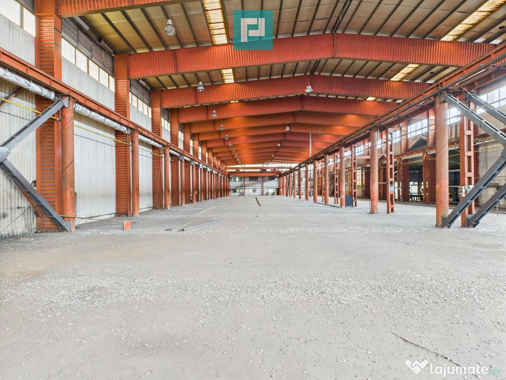 Hală industrială cu pod rulant și parcare betonată 