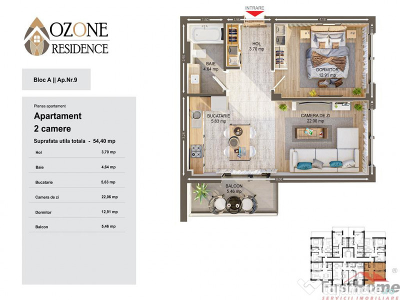 Apartament 2 camere tip studio 55mp utili de in Ozone City