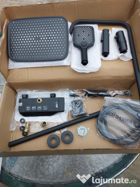 Set duș termostatic complet negru, design modern pătrat, Piano Key 