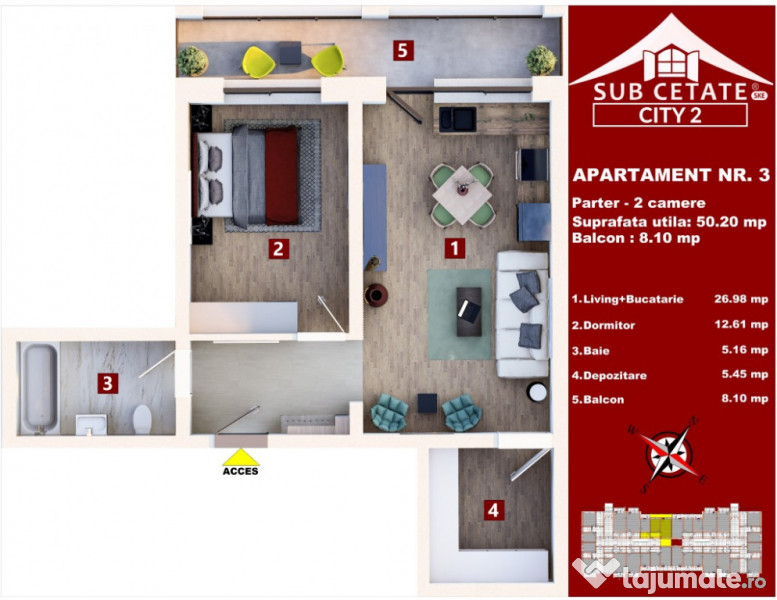 Direct Dezvoltator: Studio de vanzare cu dressing,51mp-Subcetate City2 