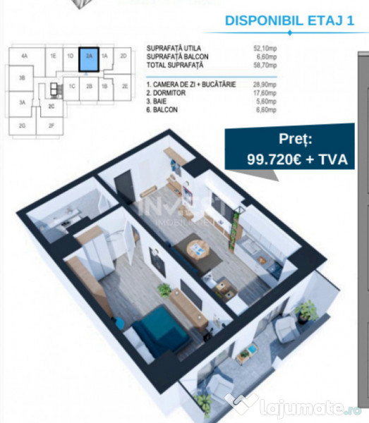 APARTAMENT CU 2 CAMERE , LOC DE PARCARE INCLUS IN PRET, COMS