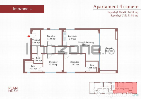 4 camere cu terasa de 22 mp, 3 bai, etaj 1/3, FINISAT MOD... 