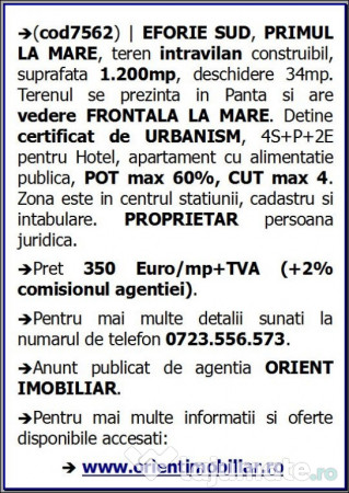 Eforie Sud, primul la MARE, teren intravilan 1.200mp de vanzare 