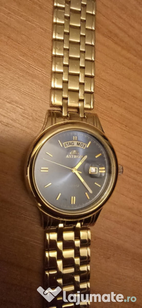 Ceas de cuarț Astron placat cu aur, cu un afișaj de zi! 