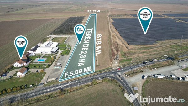 Teren de 2,8 ha pentru dezvoltare industriala, horeca sau fotovoltaice 