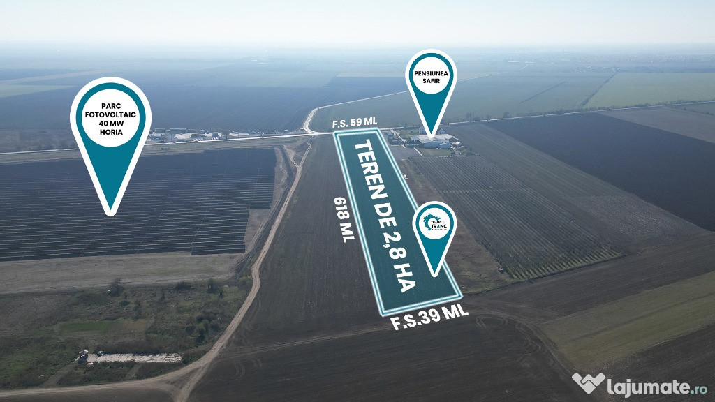 Teren de 2,8 ha pentru dezvoltare industriala, horeca sau fotovoltaice 