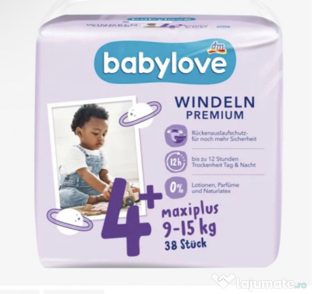 Scutece Babylove premium nr. 4+, 9-15 kg, 38 buc.