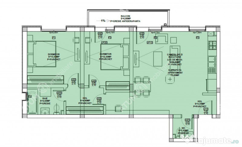 Apartament cu 3 camere 2 bai si balcon etaj 1 zona Doamna St 