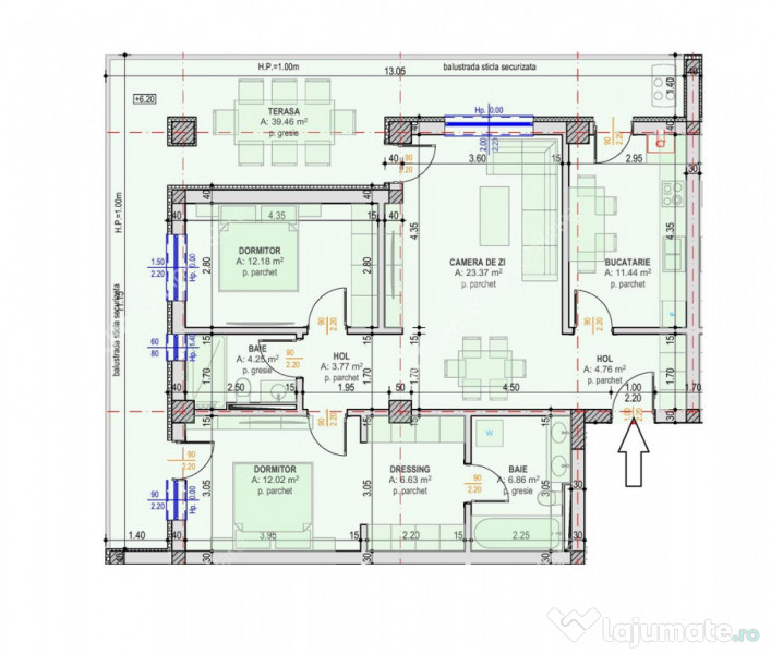 Apartament cu 3 camere terasa 40 mp 85 mp utili si 2 locuri