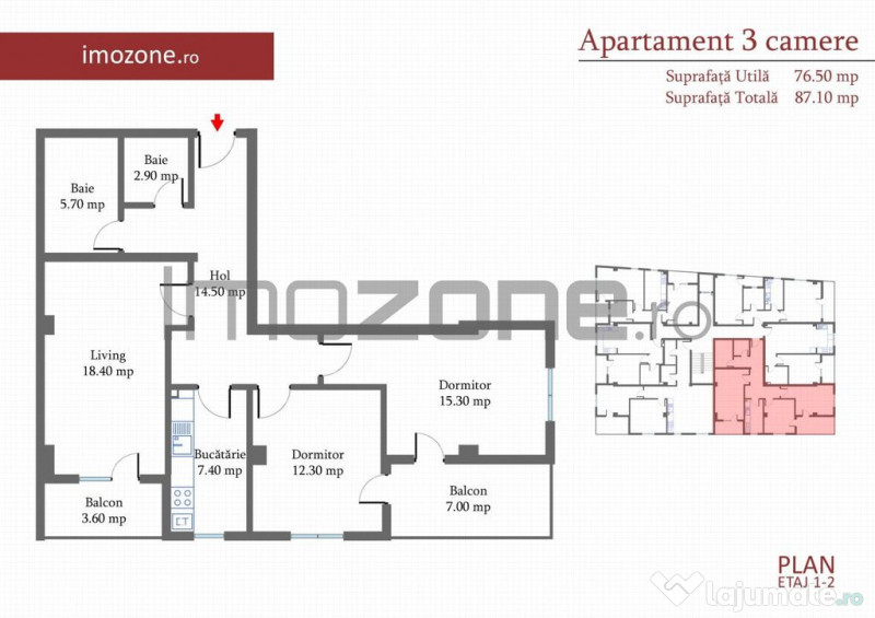 Ap. 3 Camere, 87 mp, decomandat, 2 balcoane, zona de case... 