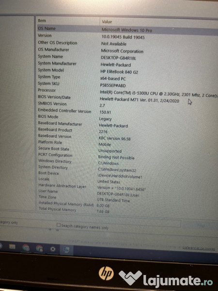 Laptop HP Elitebook 840 i5 8Gb 256 SSD 