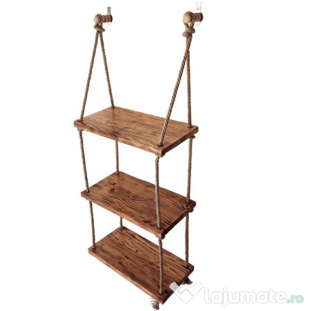 Raft suspendat din lemn ars si sfoara, hand-made, rustic