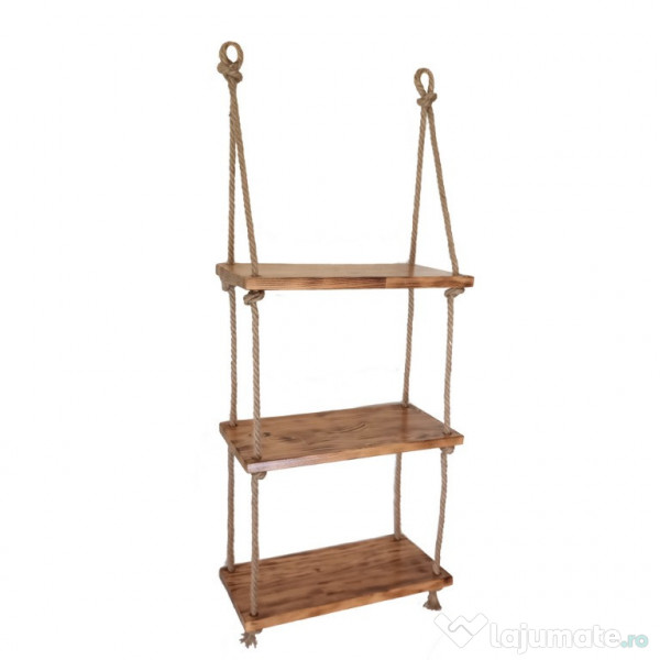 Raft suspendat din lemn ars si sfoara, hand-made, rustic