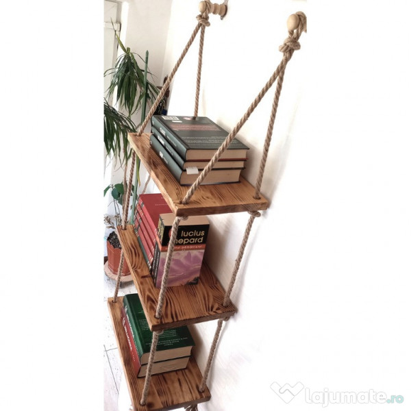 Raft suspendat din lemn ars si sfoara, hand-made, rustic