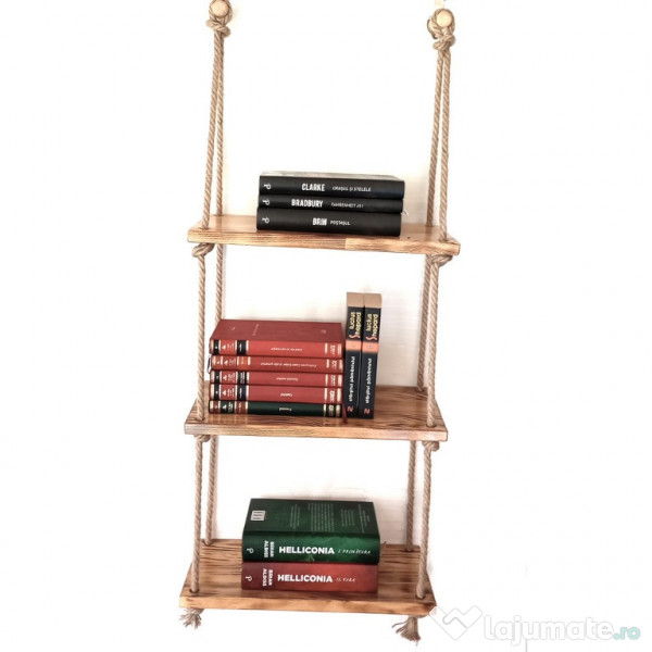 Raft suspendat din lemn ars si sfoara, hand-made, rustic