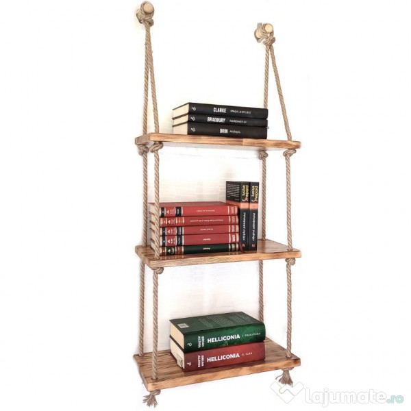 Raft suspendat din lemn ars si sfoara, hand-made, rustic