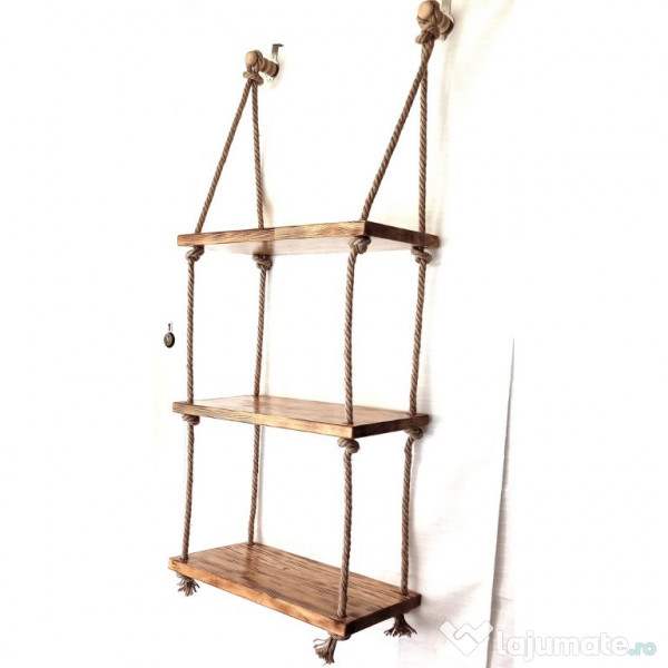 Raft suspendat din lemn ars si sfoara, hand-made, rustic