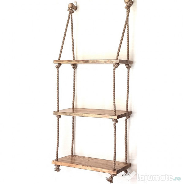 Raft suspendat din lemn ars si sfoara, hand-made, rustic