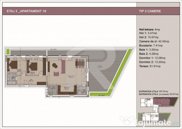 Apartament 3 camere + terasă 62mp, Nerva Traian, metrou Tim 